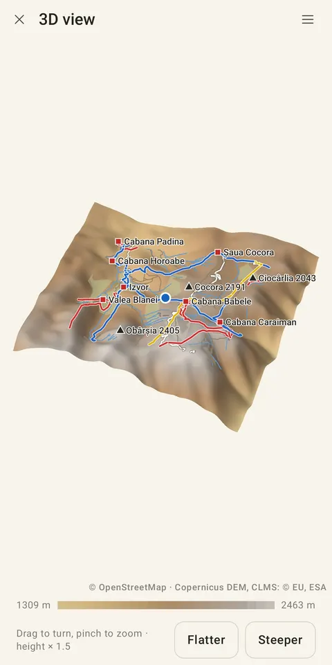 The Bucegi plateau in 3D with trails and mountain huts