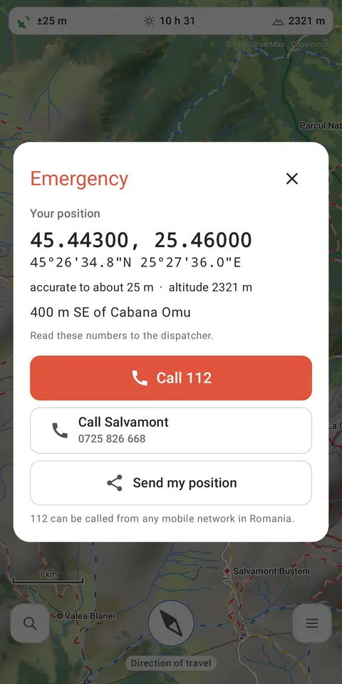 The emergency screen with coordinates and buttons to call 112 and Salvamont