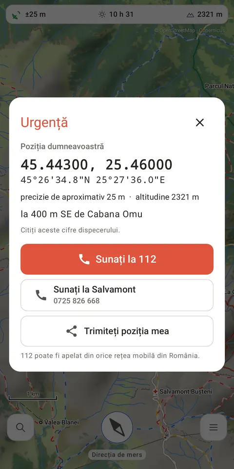 Ecranul de urgență cu coordonatele și butoane de apel 112 și Salvamont
